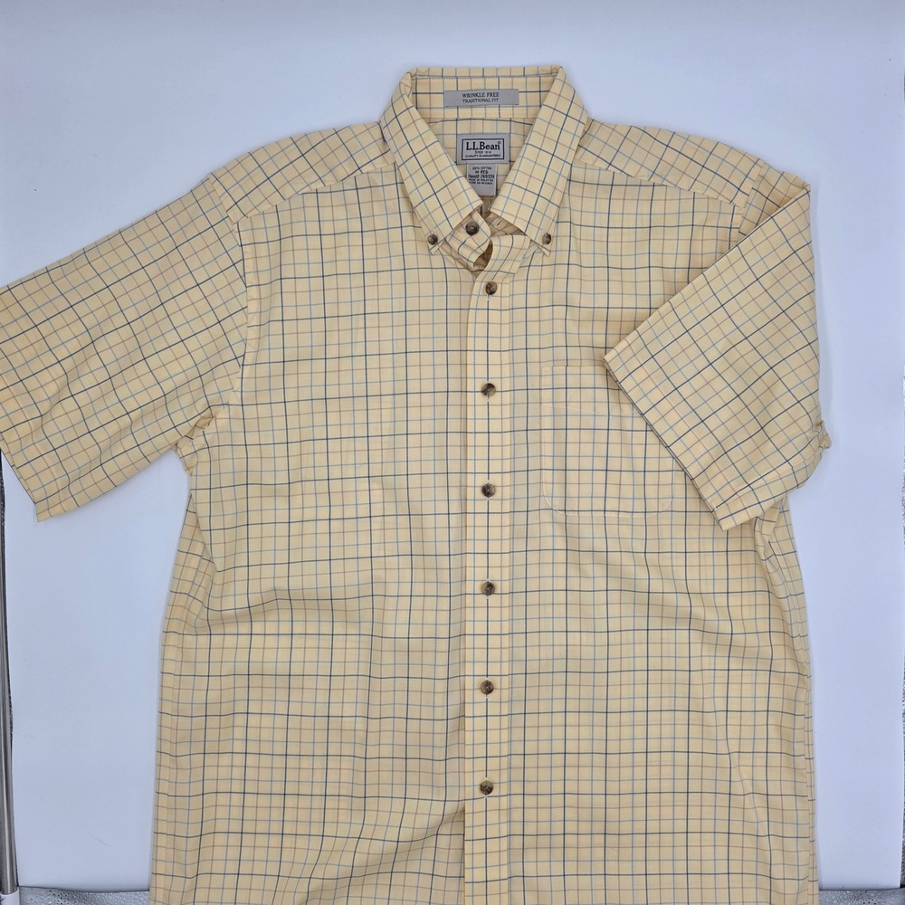 LL Bean Mens Yellow Blue Plaid Short Sleeve Button Down Shirt M Wrinkle Free